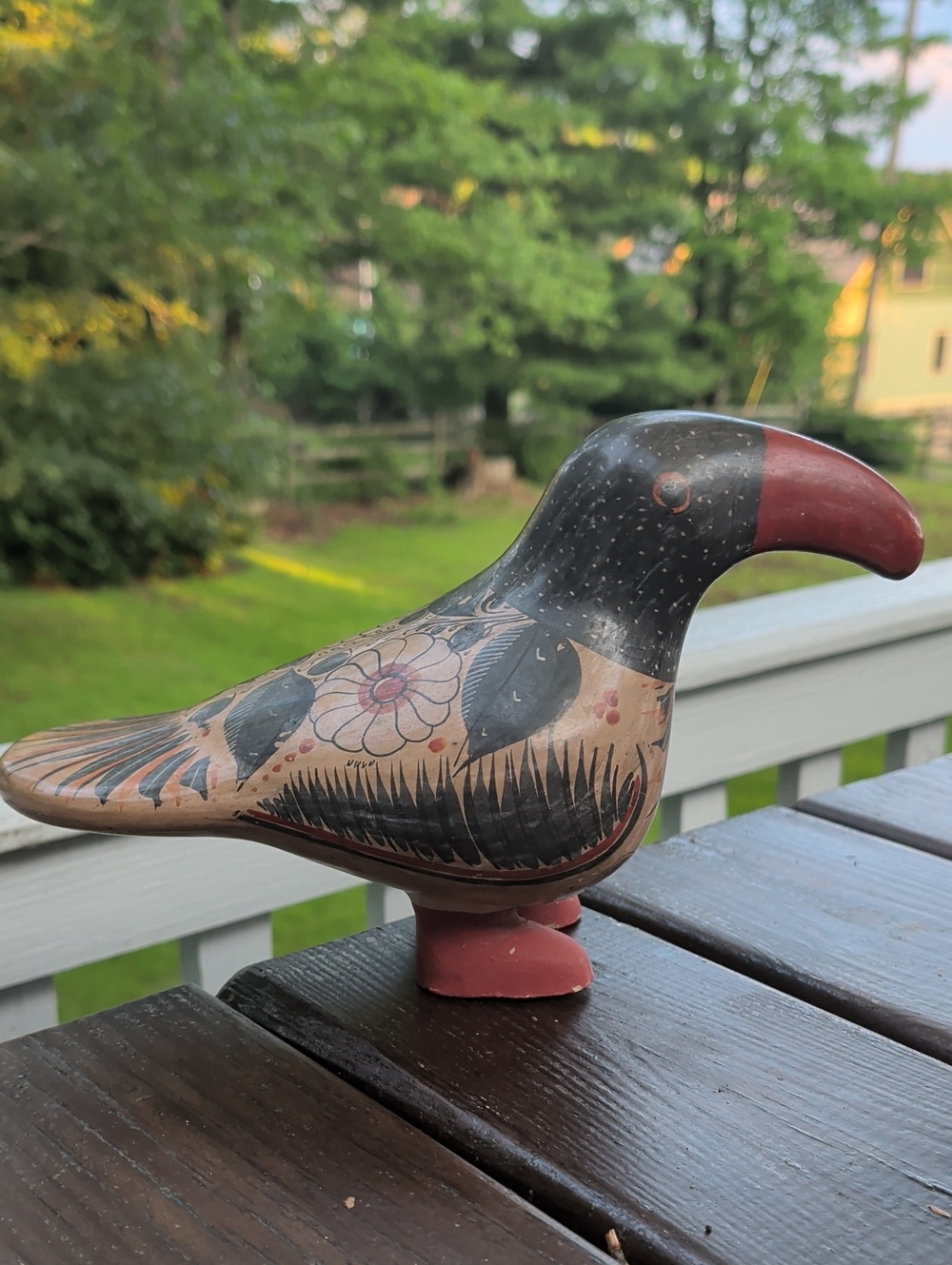 Hand-Painted Decorative Bird Figurine in Black and Red Mexico Pottery